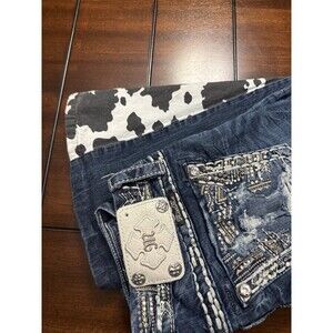 MISS ME Jeans Sunny Boot 28x33 Cow Print Distressed Denim Med Wash Flare Y2K